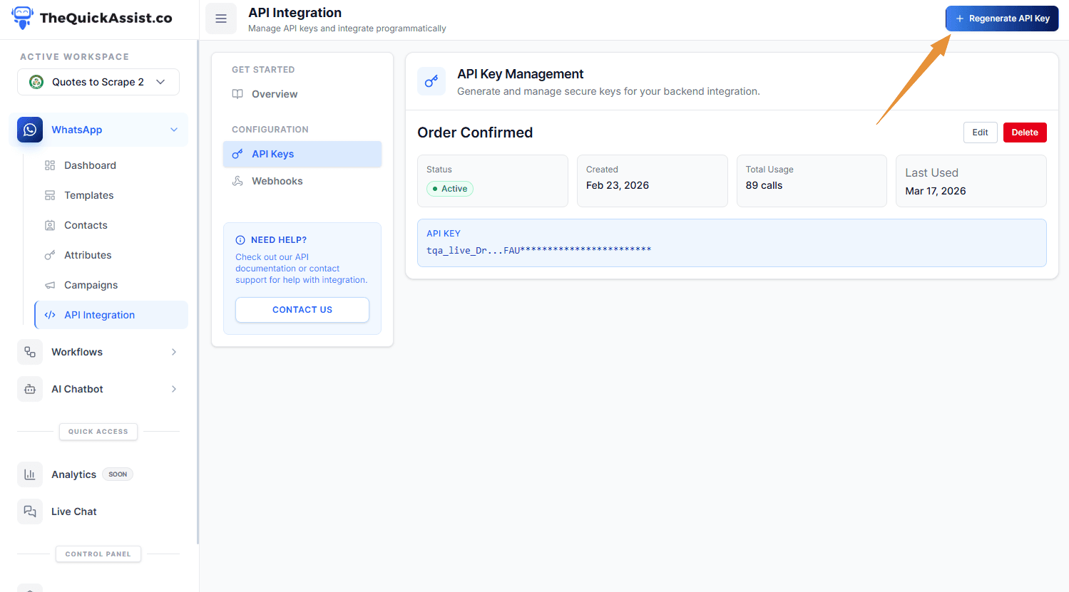 Generate API Key Screen