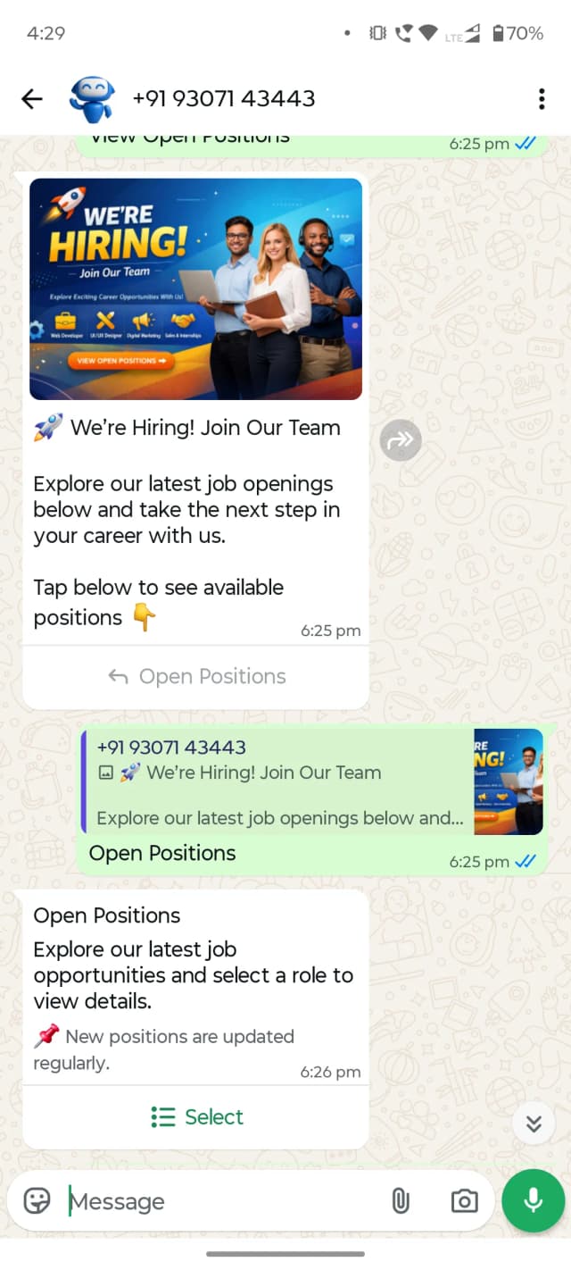 WhatsApp CRM Mobile App showing conversation view