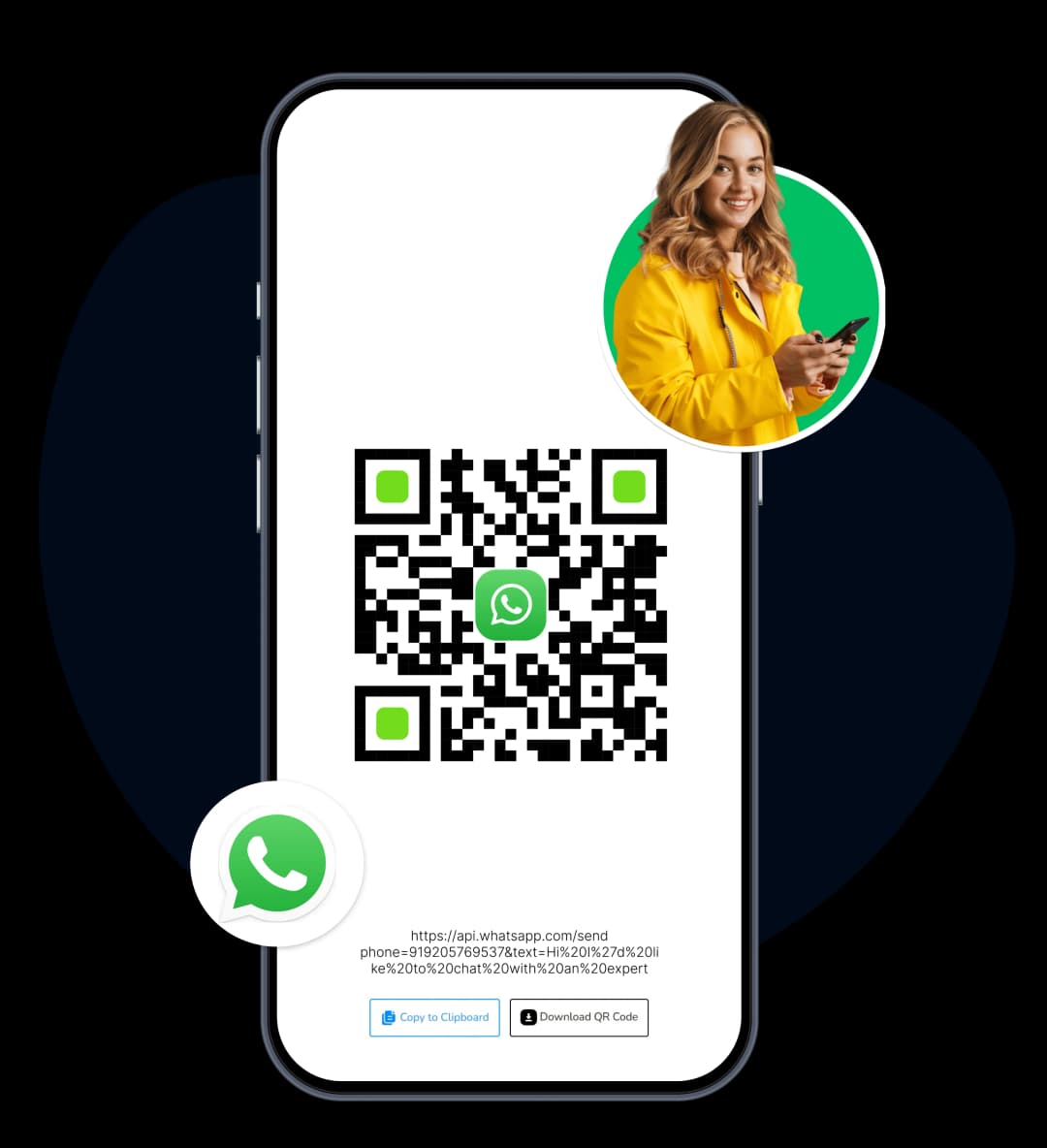Customizable WhatsApp QR Code preview with business logo support